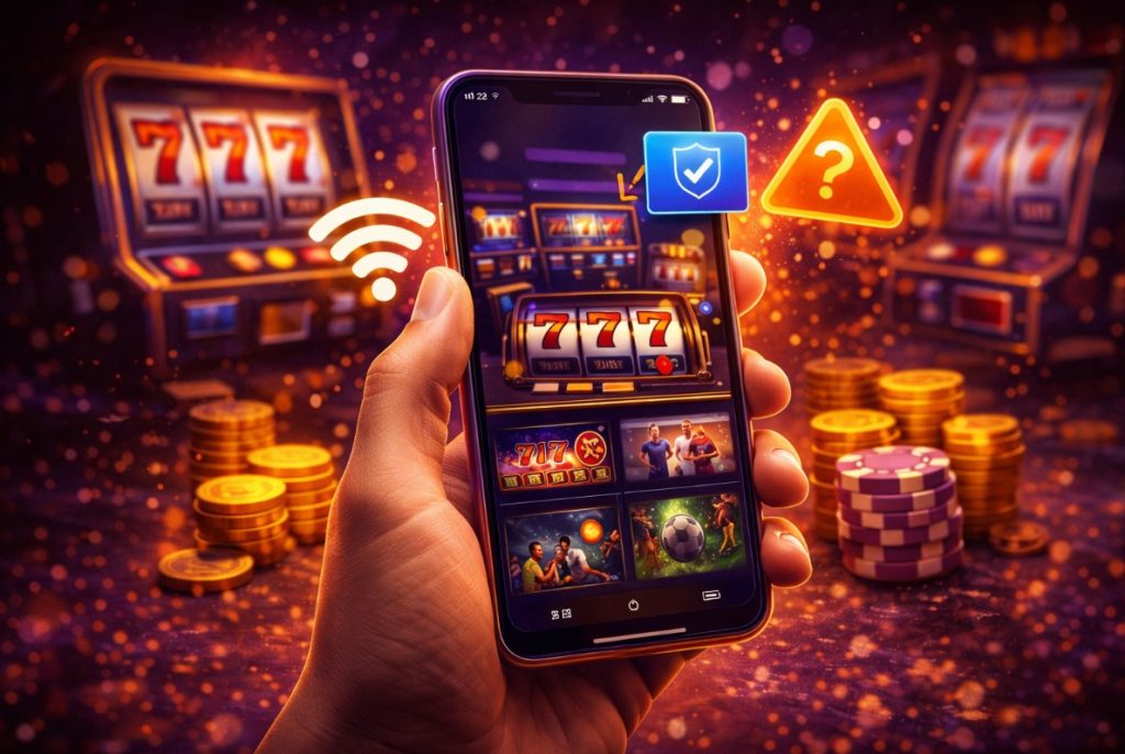Casino app on smartphone with lucky symbols
